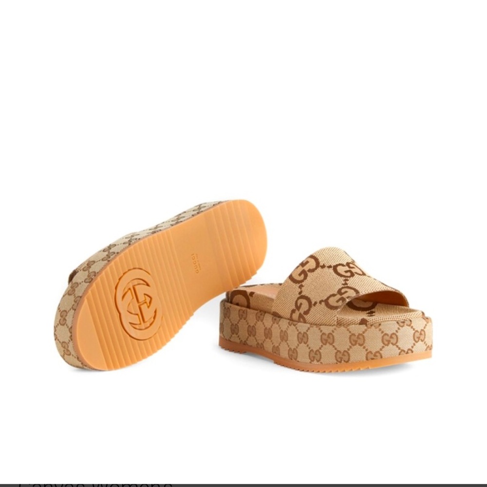 AUTHENTIC GUCCI Angelina Platform 55mm Sandal Camel Canvas Women's size 7 - Picture 2 of 6